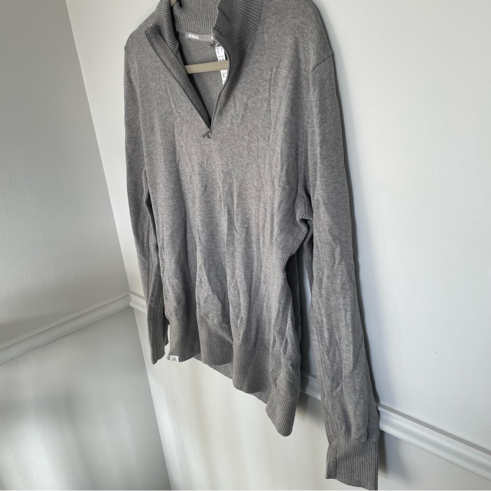Adidas 100% Cotton Knit 3 Stripe Grey Golf Crewneck Quarter Zip Sweater Medium - Picture 9 of 11